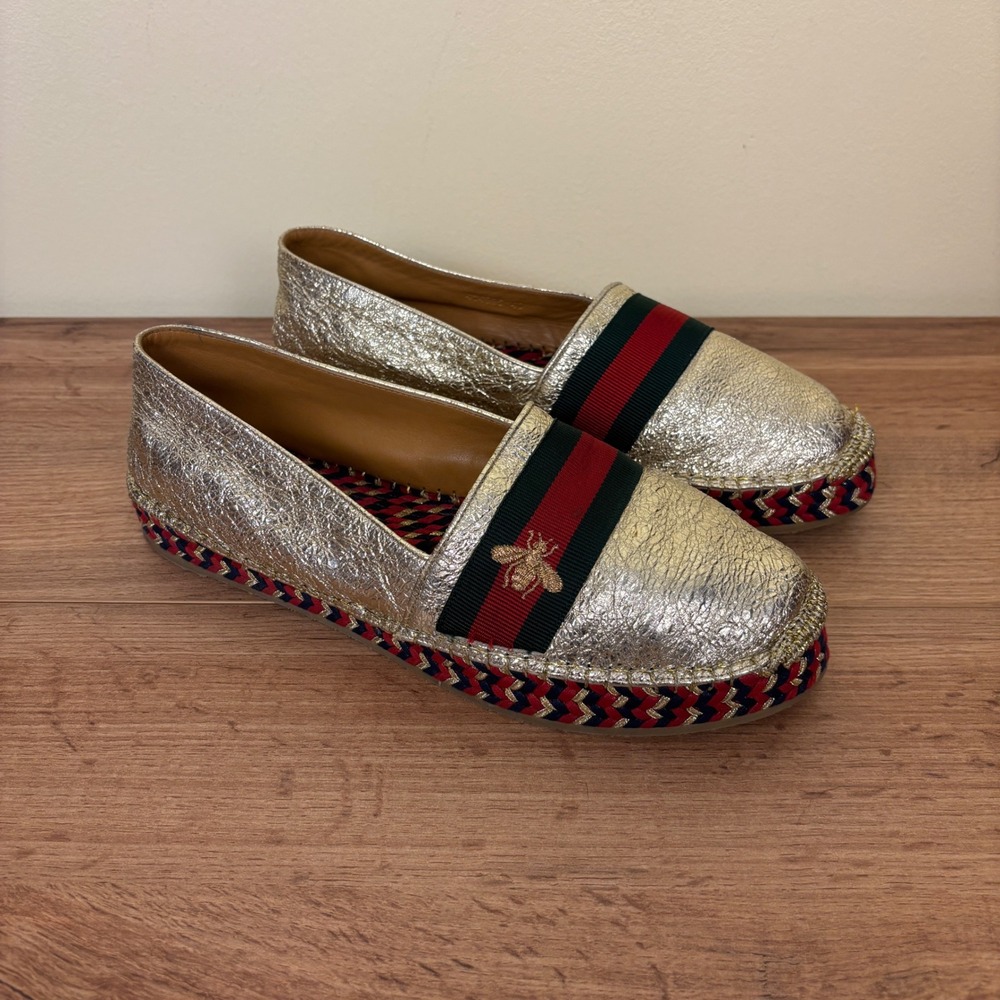 GUCCI Crinkled Leather Web Pilar Bee Espadrille Flat Gold Women Size 40 Slip On - Picture 1 of 14
